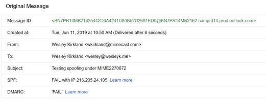 Spoofing Mimecast.com failure
